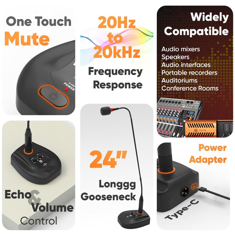 DIGIMORE ميكروفون مكبر صوت مكتبي بطول 24 بوصة مع رقبة مرنة | مدخل XLR، مفتاح تشغيل/إيقاف | مثالي للاجتماعات، مؤتمرات الفيديو، البث، المحاضرات (D-660) - Image 2