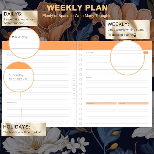 CAGIE 2026 Planner Weekly and Monthly​, Jan-Dec 2026 8.3 x 9.3 Inch Hardcover Spiral Bound, 13 Tabs and Pocket, Floral Daily Planner​ for Women, Perfect 2026 Yearly Calendar Planner​ - Image 3
