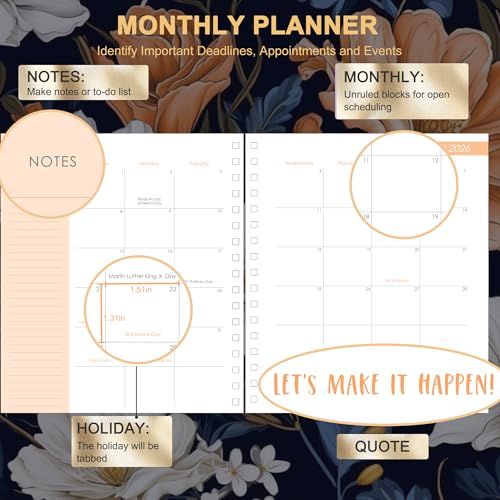 CAGIE 2026 Planner Weekly and Monthly​, Jan-Dec 2026 8.3 x 9.3 Inch Hardcover Spiral Bound, 13 Tabs and Pocket, Floral Daily Planner​ for Women, Perfect 2026 Yearly Calendar Planner​ - Image 2
