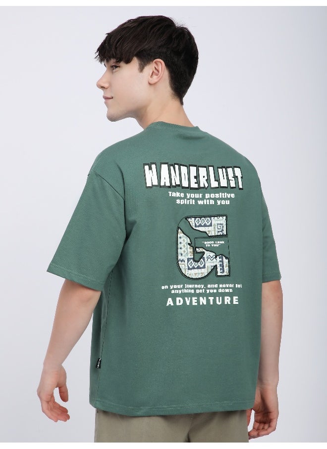 Beyoung Teal Green Wanderlust Back Patch Oversized T-Shirt  - Image 2