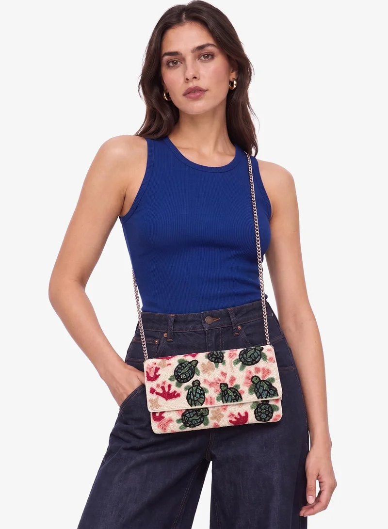 Embroidered Beaded Turtle Print Crossbody