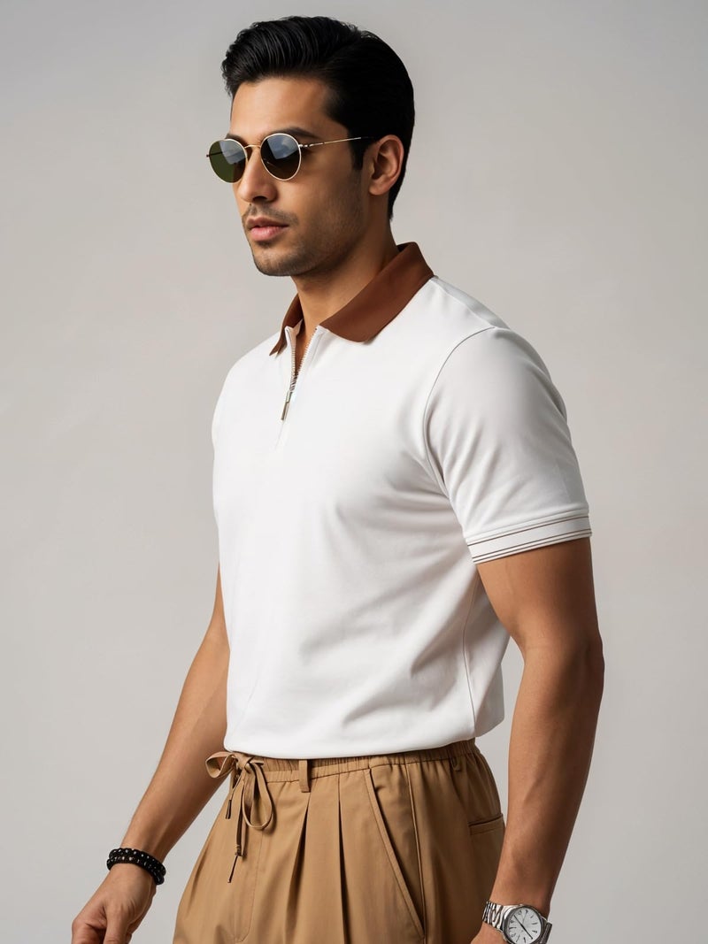 ADRO Mens Premium Cotton Polo T-Shirt | 220 GSM Soft Fabric | Casual Stylish Look | Zipper Polo Design Snow White Polo T Shirt | Polo Tshirt for All-Day Wear | PN25-ZIP-1PLN-WH-M - Image 2