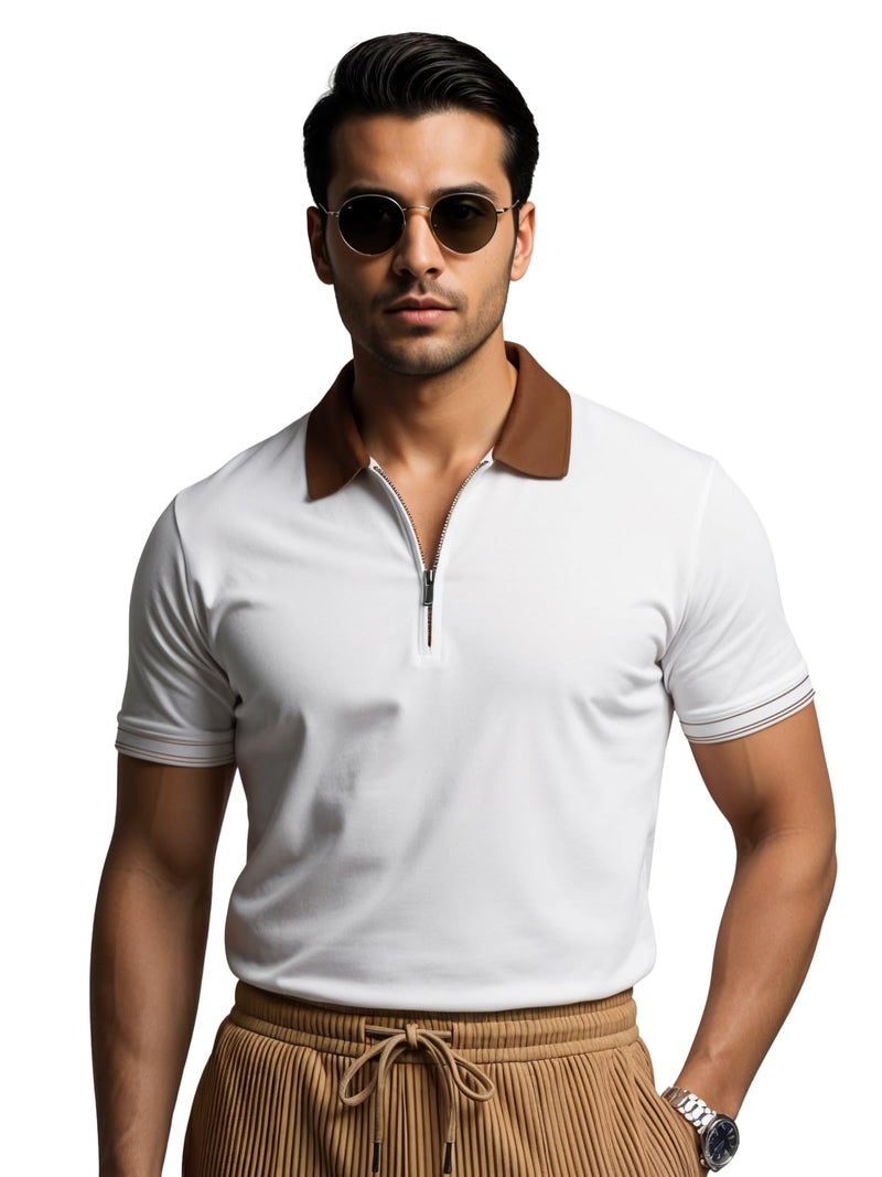 ADRO Mens Premium Cotton Polo T-Shirt | 220 GSM Soft Fabric | Casual Stylish Look | Zipper Polo Design Snow White Polo T Shirt | Polo Tshirt for All-Day Wear | PN25-ZIP-1PLN-WH-M - Image 1