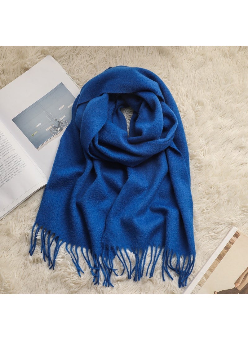Autumn Winter Solid Wool Tassel Scarf Sapphire Blue