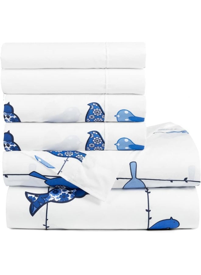 Lush Decor Lush Decor Rowley Birds Soft Sheet 6 Piece Set, Queen, Navy  - Image 3