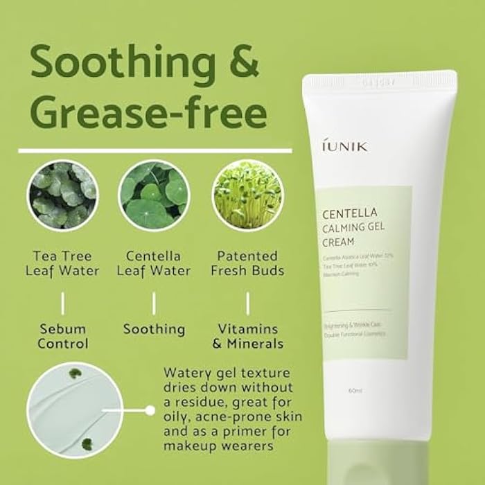 IUNIK Centella Calming Gel Cream Vegan Non-Sticky Moisturizing Blemish Care w/Centella Asiatica Tea Tree Soothes Acne Rosacea Oily & Sensitive Skin Korean Skincare - Image 4