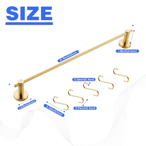 Hiendure 21.6 Inch Towel Bar with 5 S Shaped Hooks,Brass Towel Holder Brushed Gold Towel Rack for Bathroom Kitchen - Image 2
