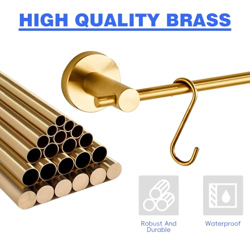 Hiendure 21.6 Inch Towel Bar with 5 S Shaped Hooks,Brass Towel Holder Brushed Gold Towel Rack for Bathroom Kitchen - Image 4