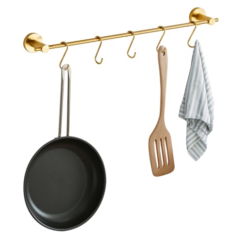 Hiendure 21.6 Inch Towel Bar with 5 S Shaped Hooks,Brass Towel Holder Brushed Gold Towel Rack for Bathroom Kitchen - Image 1