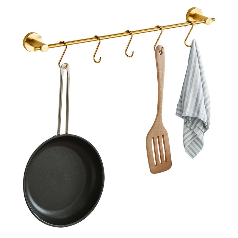 Hiendure 21.6 Inch Towel Bar with 5 S Shaped Hooks,Brass Towel Holder Brushed Gold Towel Rack for Bathroom Kitchen - Image 5