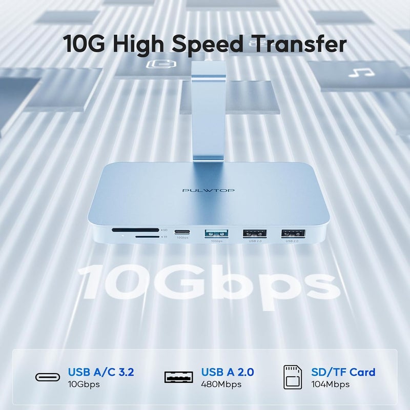 PULWTOP إكسسوارات iMac لأجهزة i-Mac 2021/2023/2024، محور USB C من لـ iMac مع USB A/C 10 جيجابت/ثانية، محور لـ M1/M3/M4، منفذي USB A 2.0، قارئ بطاقات SD/TF لـ iMac 24 بوصة وشاشة Studio Display 2 (أزرق-1) - Image 3