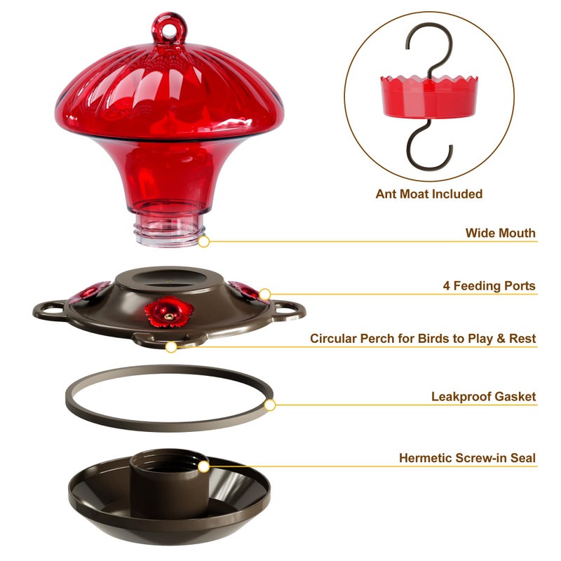Auslar Hummingbird Feeder, Auslar 15 Ounces Glass Hummingbird Feeders for Outdoors Hanging Ant and Bee Proof, Ant Moat & 4 Flower Feeding Ports, Rustproof, Leakproof, Mushroom Shape, Red - Image 5