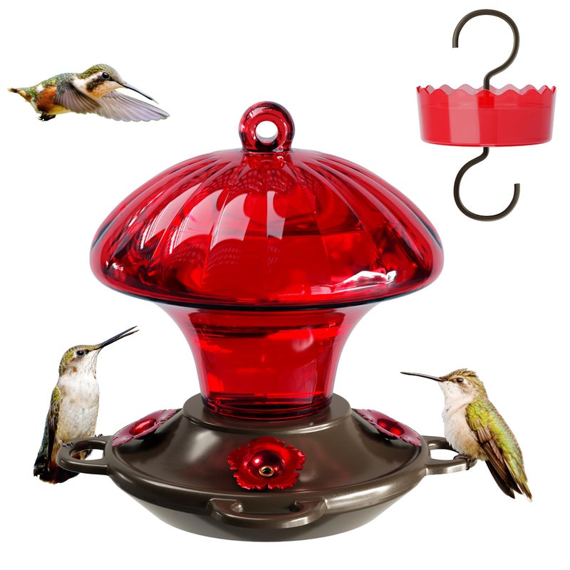 Auslar Hummingbird Feeder, Auslar 15 Ounces Glass Hummingbird Feeders for Outdoors Hanging Ant and Bee Proof, Ant Moat & 4 Flower Feeding Ports, Rustproof, Leakproof, Mushroom Shape, Red - Image 1