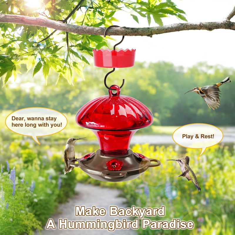 Auslar Hummingbird Feeder, Auslar 15 Ounces Glass Hummingbird Feeders for Outdoors Hanging Ant and Bee Proof, Ant Moat & 4 Flower Feeding Ports, Rustproof, Leakproof, Mushroom Shape, Red - Image 3