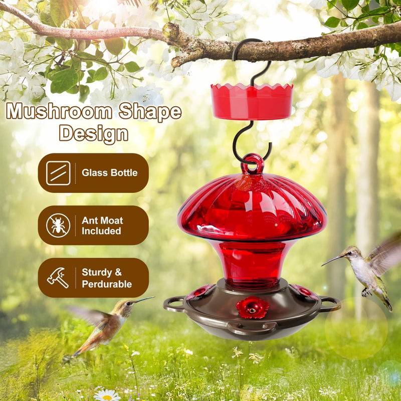 Auslar Hummingbird Feeder, Auslar 15 Ounces Glass Hummingbird Feeders for Outdoors Hanging Ant and Bee Proof, Ant Moat & 4 Flower Feeding Ports, Rustproof, Leakproof, Mushroom Shape, Red - Image 2