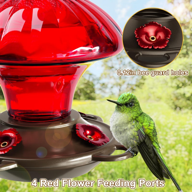 Auslar Hummingbird Feeder, Auslar 15 Ounces Glass Hummingbird Feeders for Outdoors Hanging Ant and Bee Proof, Ant Moat & 4 Flower Feeding Ports, Rustproof, Leakproof, Mushroom Shape, Red - Image 4