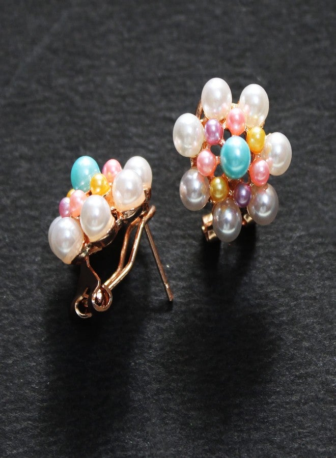 La Belleza Clip On Rhinestone Studded Pearl Multicolor Stone Stud Drop Dangler Earring For Girls And Women - Image 4