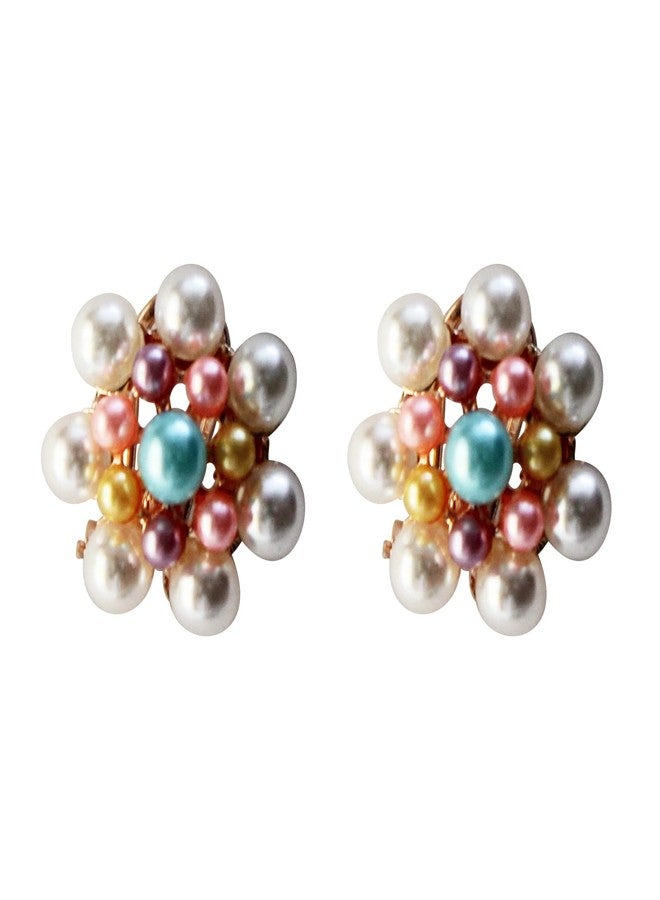 La Belleza Clip On Rhinestone Studded Pearl Multicolor Stone Stud Drop Dangler Earring For Girls And Women - Image 1