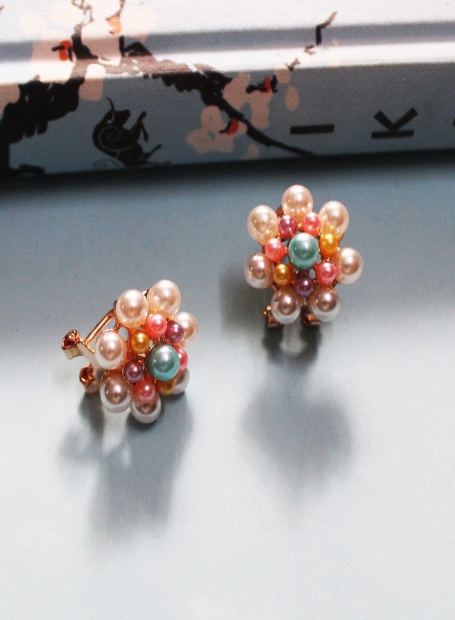 La Belleza Clip On Rhinestone Studded Pearl Multicolor Stone Stud Drop Dangler Earring For Girls And Women - Image 3