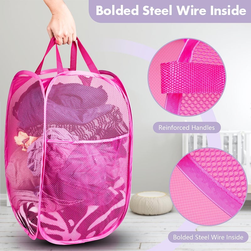 DUCOO Pop Up Hamper, 2 PCS Mesh Pop Up Laundry Hamper, Foldable Mesh Laundry Basket with Space Saving Design for Home, Dorm, Travel and Storage, Pink - Image 3