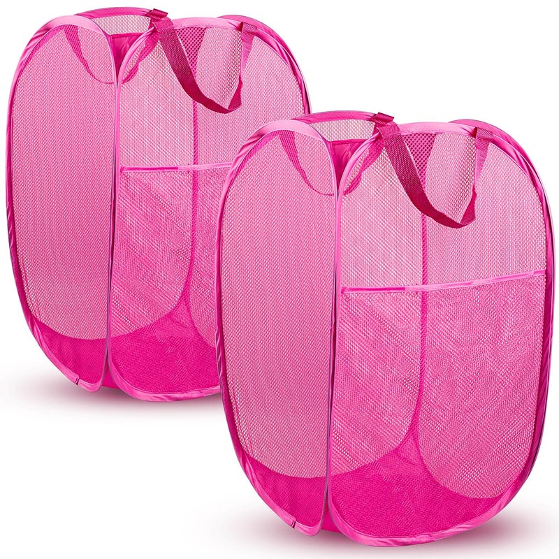 DUCOO Pop Up Hamper, 2 PCS Mesh Pop Up Laundry Hamper, Foldable Mesh Laundry Basket with Space Saving Design for Home, Dorm, Travel and Storage, Pink - Image 1