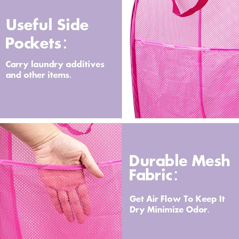 DUCOO Pop Up Hamper, 2 PCS Mesh Pop Up Laundry Hamper, Foldable Mesh Laundry Basket with Space Saving Design for Home, Dorm, Travel and Storage, Pink - Image 4