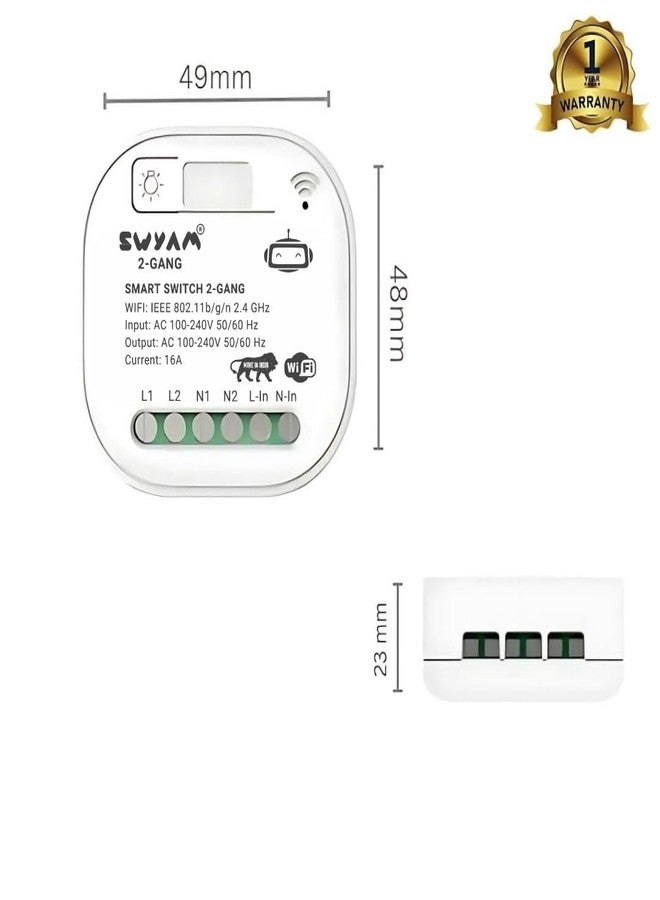 SWYAM مفتاح ذكي SWYAM® ثنائي المنافذ بتقنية الواي فاي - صنع في الهند (ضمان لمدة عام)، آمن كهربائياً، لا يتطلب جهاز تحكم مركزي، يدعم أليكسا وجوجل، تحكم ثنائي الاتجاه، حمولة 16 أمبير - Image 3