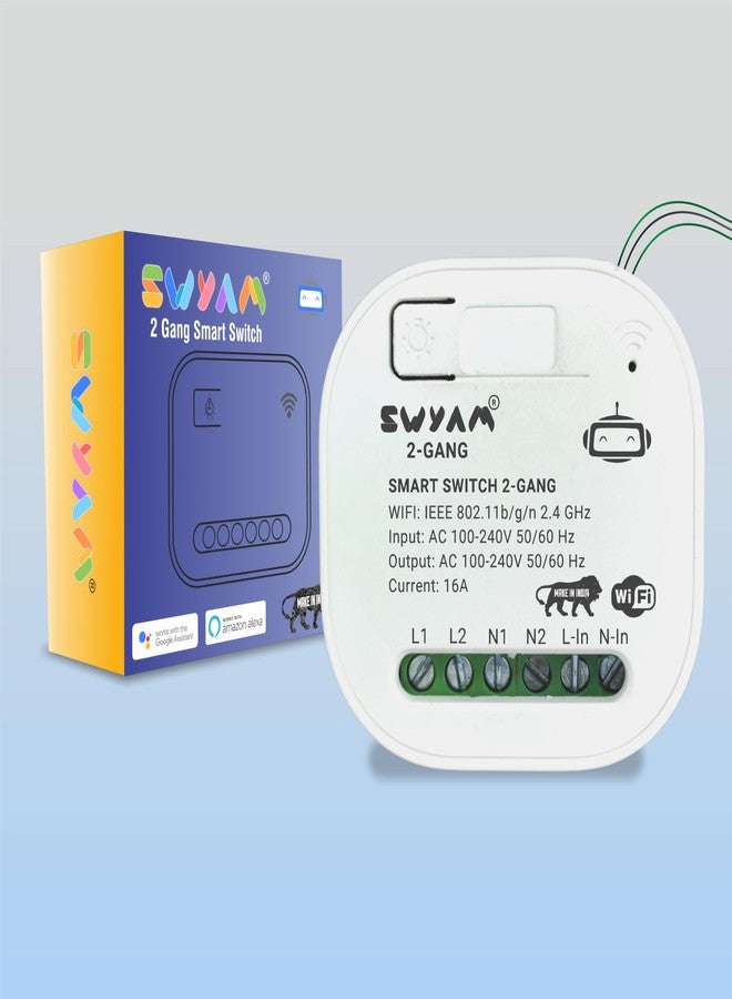 SWYAM مفتاح ذكي SWYAM® ثنائي المنافذ بتقنية الواي فاي - صنع في الهند (ضمان لمدة عام)، آمن كهربائياً، لا يتطلب جهاز تحكم مركزي، يدعم أليكسا وجوجل، تحكم ثنائي الاتجاه، حمولة 16 أمبير - Image 1