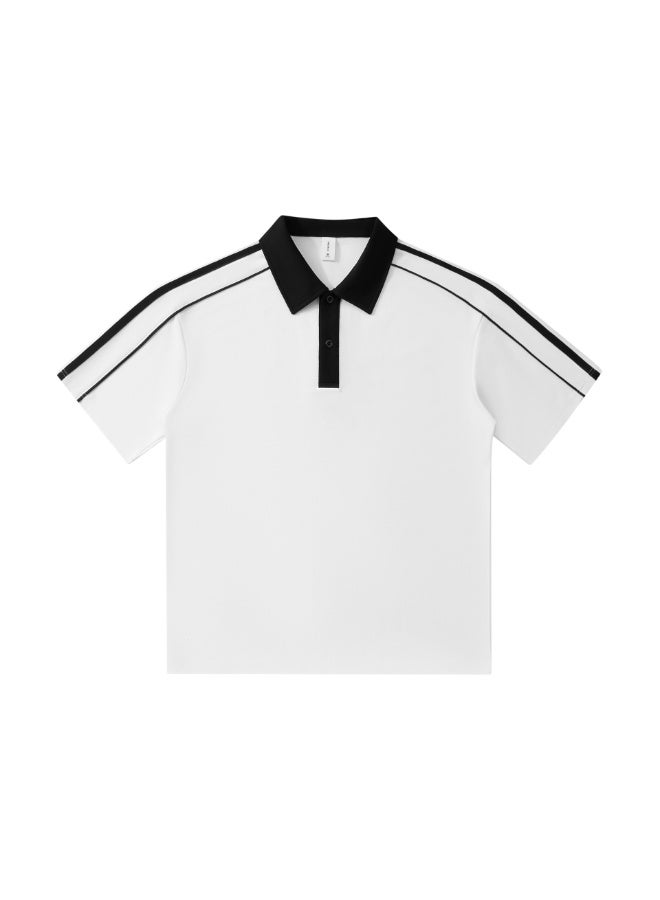 Slim Fit Cotton Loose Shoulder Polo Shirt Striped Color Block Short Sleeve Turn Collar Work Uniform School Unifo  - Image 1