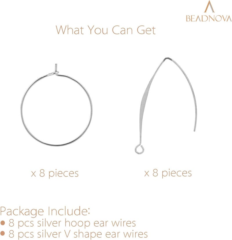 BEADNOVA Ear Wire Set 16pcs Hoop Ear Wires V Shape Earring Hook for Earring Making Jewelry Making DIY Silver Total 16pcs - Image 3
