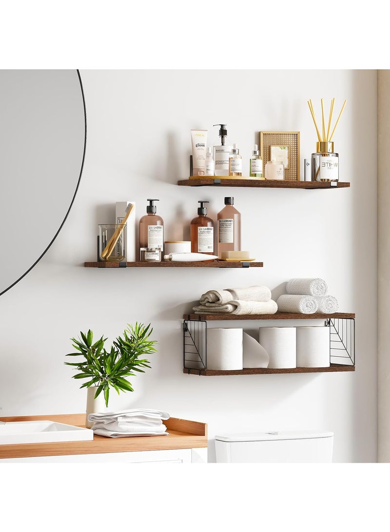 Hihonor 3+1 Tier Bathroom Floating Shelves Over Toilet, 15.8in Farmhouse Rustic Wood Shelves, Wall Decor for Bathroom, Living Room,Bedroom and Kitchen (Brown) - Image 1