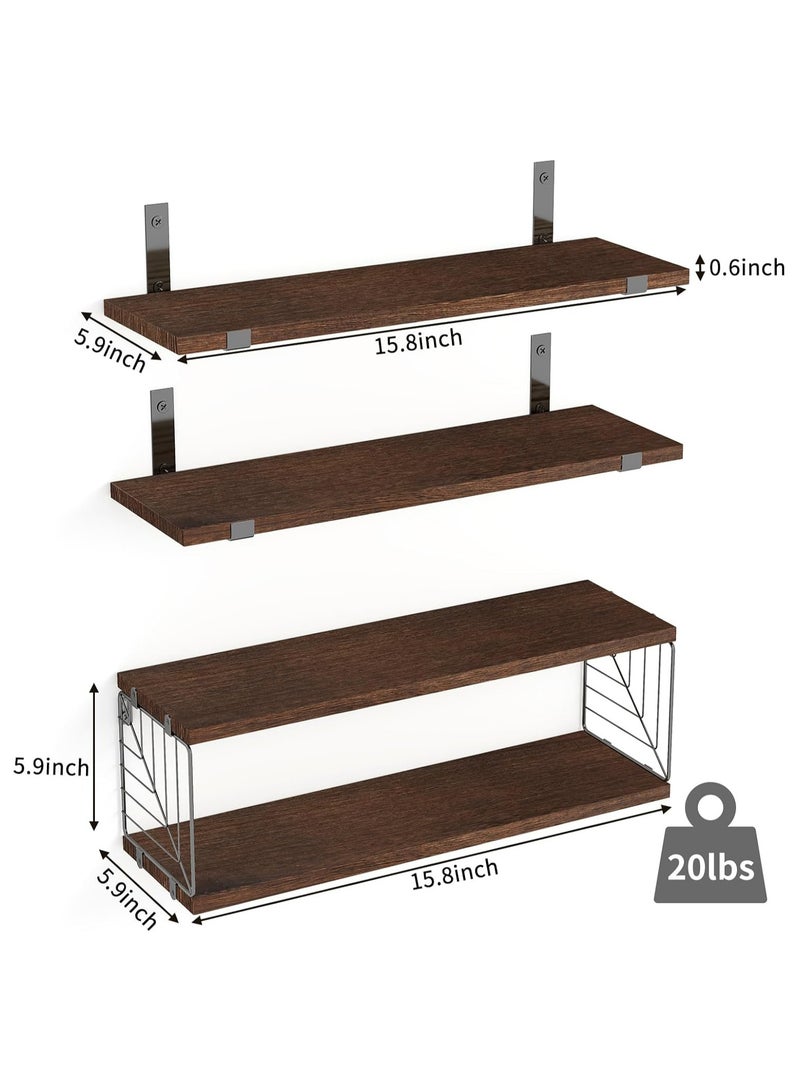 Hihonor 3+1 Tier Bathroom Floating Shelves Over Toilet, 15.8in Farmhouse Rustic Wood Shelves, Wall Decor for Bathroom, Living Room,Bedroom and Kitchen (Brown) - Image 3