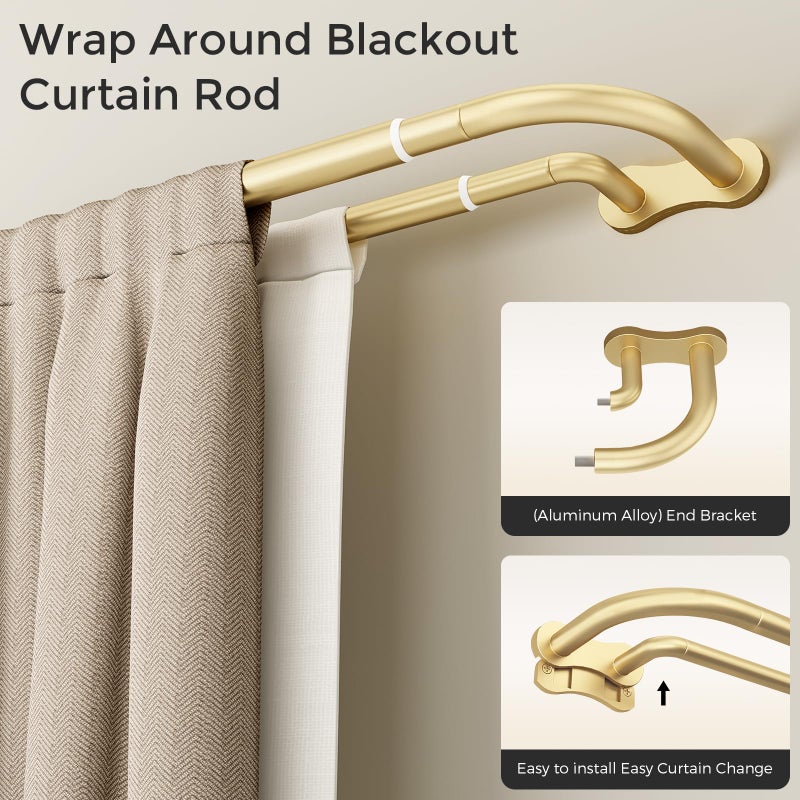 Wolistsa Gold Double Curtain Rod, Wrap Around Blackout Dual Curtain Rods for Windows 48 to 84 inch, Adjustable Heavy Duty Curved Spliced Room Darkening Double Rods, All Metal, Aluminium Bracket - Image 3