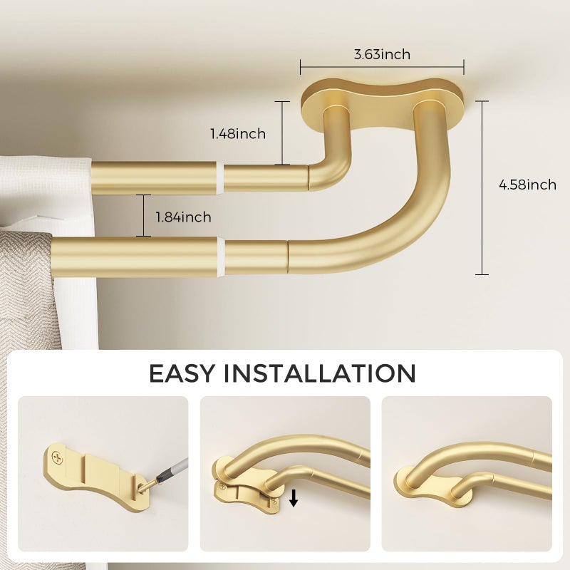 Wolistsa Gold Double Curtain Rod, Wrap Around Blackout Dual Curtain Rods for Windows 48 to 84 inch, Adjustable Heavy Duty Curved Spliced Room Darkening Double Rods, All Metal, Aluminium Bracket - Image 4