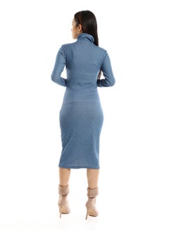 Andora Chest Zipper Fully Ribbed Knee Length Heather Blue Dress  - Image 4