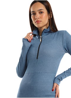 Andora Chest Zipper Fully Ribbed Knee Length Heather Blue Dress  - Image 5