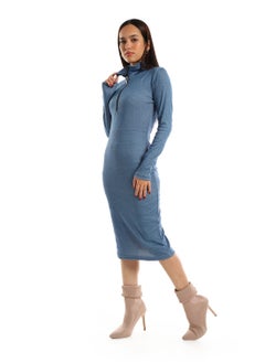 Andora Chest Zipper Fully Ribbed Knee Length Heather Blue Dress  - Image 2