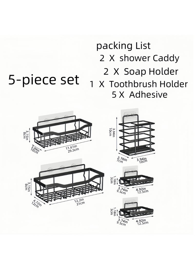 رف دش أسود -5 قطعة - رف دش حمام لاصق مع خطائف ، لا يحتاج إلى حفر ، سعة كبيرة ، رف فولاذ المقاوم للصدأ المقاوم للصدأ للدش الداخلي ، رف مطبخ ، رف تخزين متعدد الاستخدامات - Image 1