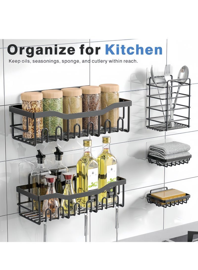 رف دش أسود -5 قطعة - رف دش حمام لاصق مع خطائف ، لا يحتاج إلى حفر ، سعة كبيرة ، رف فولاذ المقاوم للصدأ المقاوم للصدأ للدش الداخلي ، رف مطبخ ، رف تخزين متعدد الاستخدامات - Image 2