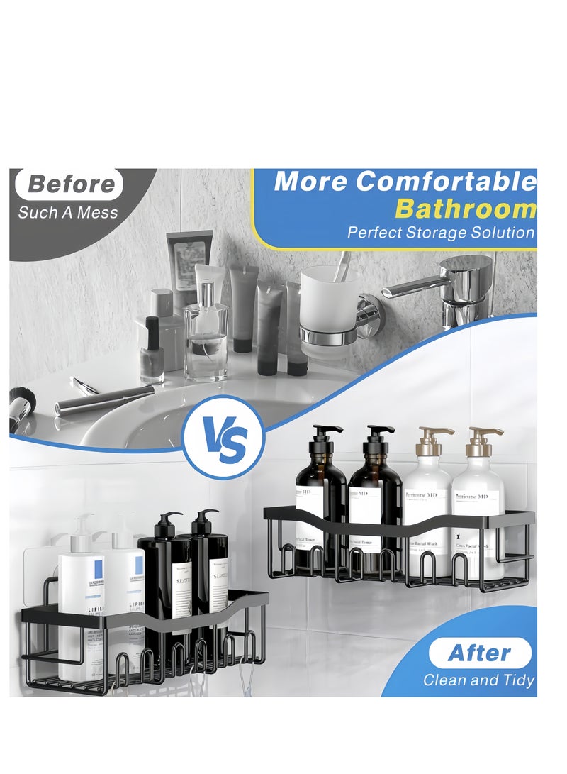 رف دش أسود -5 قطعة - رف دش حمام لاصق مع خطائف ، لا يحتاج إلى حفر ، سعة كبيرة ، رف فولاذ المقاوم للصدأ المقاوم للصدأ للدش الداخلي ، رف مطبخ ، رف تخزين متعدد الاستخدامات - Image 3