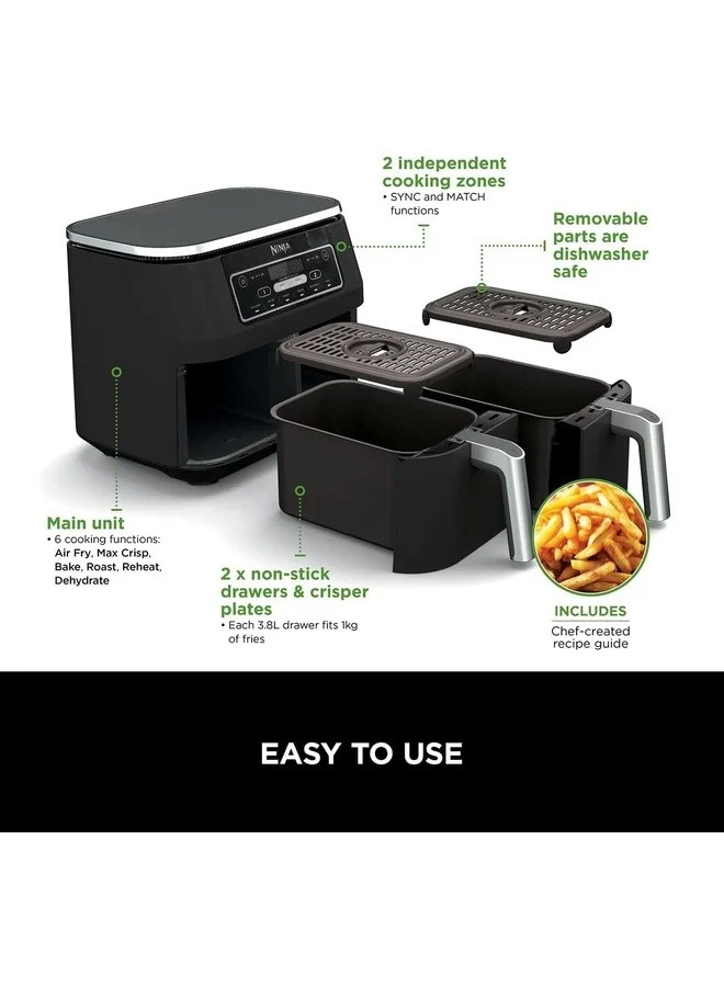 Ninja Ninja Foodi Dual Zone Air Fryer 2 Drawers, 6 Cooking Functions, 7.6L, Black, AF300ME, 2 Year Warranty