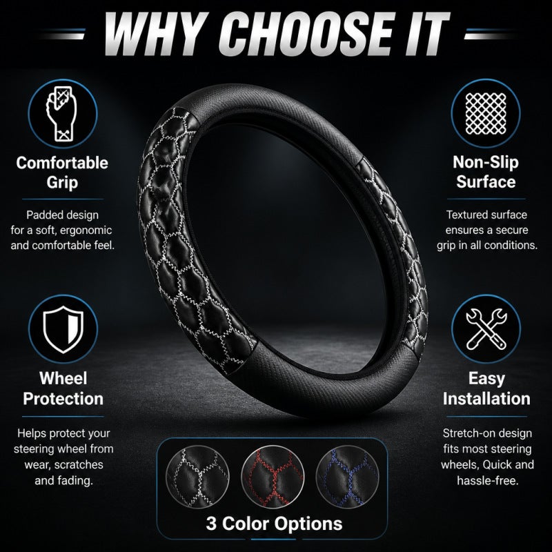 Universal Car Steering Wheel Cover with Embroidery, PU Leather, 38cm - Image 2