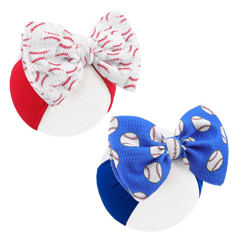 ONENINEDREAM Baseball Baby Bow Headband High Stretchy Soft Nylon Headbands for Infant Girls Toddler Handmade Hairbands with Bows Baseball Hair Accessories Red Blue - Image 1