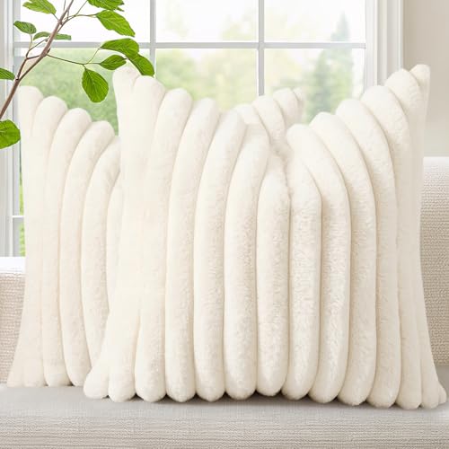 decorUhome Summer Cozy Faux Fur Throw Pillow Covers 16x16 Set of 2 Decorative Soft Plush Striped Modern Farmhouse Boho Couch Pillow Cases with Velvet Back for Sofa Bed Living Room Cream White - Image 1