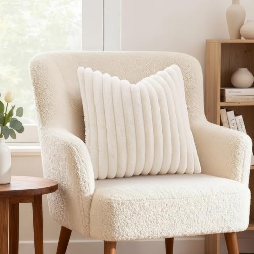 decorUhome Summer Cozy Faux Fur Throw Pillow Covers 16x16 Set of 2 Decorative Soft Plush Striped Modern Farmhouse Boho Couch Pillow Cases with Velvet Back for Sofa Bed Living Room Cream White - Image 3