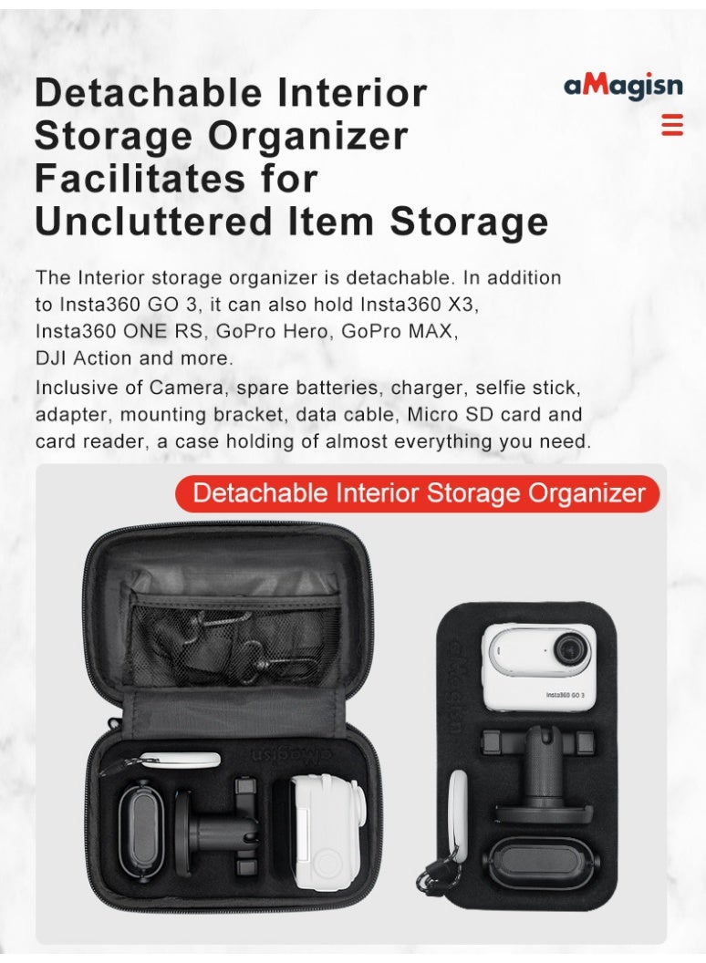 aMagisn حقيبة تخزين صغيرة لـ Insta360 GO3 / GO3S – غلاف صلب مقاوم للصدمات، بطانة قابلة للإزالة، مقاومة للماء، مناسبة لـ GoPro وX3 وONE RS، بحمل باليد أو الكتف（أبيض） - Image 3