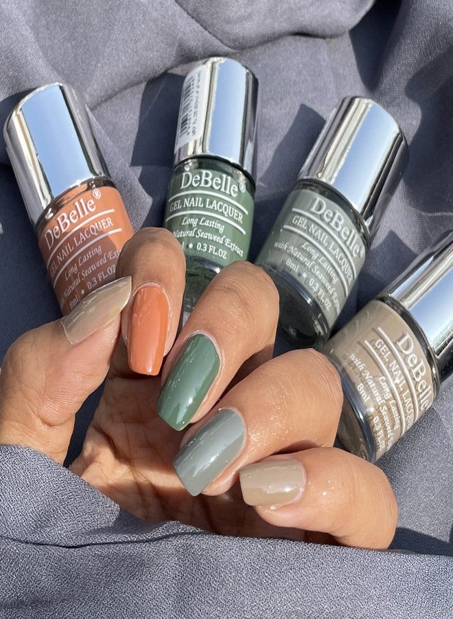 DeBelle Gel Nail Lacquers Combo set of 4 Peach Pear Pastels - Coco Bean(Light Brown), Maple Tan(Tan Brown), Green Olivia (Dark Olive Green), Slate Stone(Slate Grey) 32 ml (8ml Each) - Image 1
