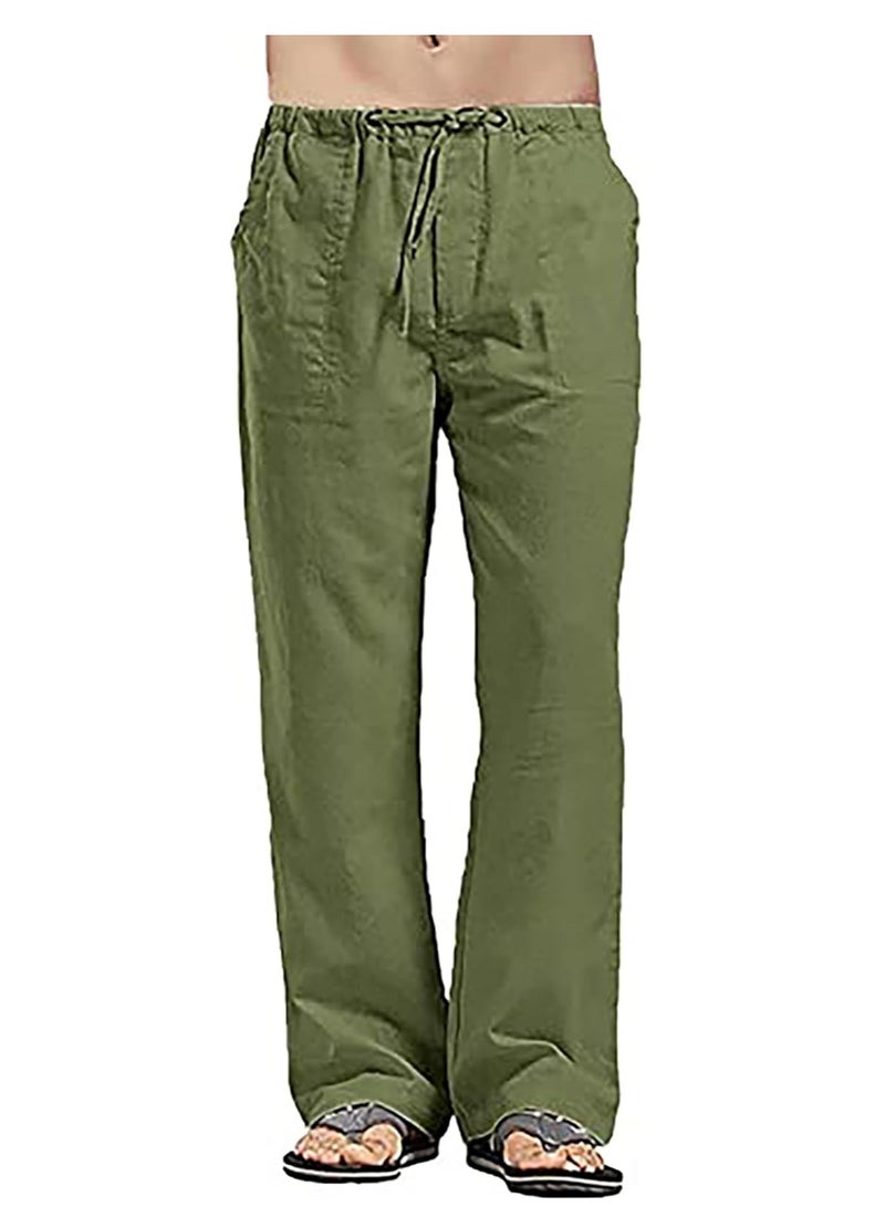 Men's Cotton Linen Pants Loose Fit Casual Yoga Pants Drawstring Elastic Waist Straight Legs Pants  - Image 2