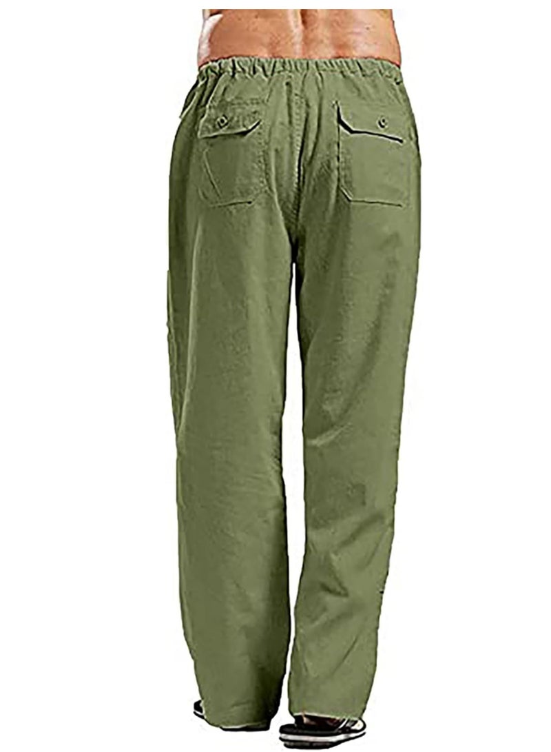 Men's Cotton Linen Pants Loose Fit Casual Yoga Pants Drawstring Elastic Waist Straight Legs Pants  - Image 3