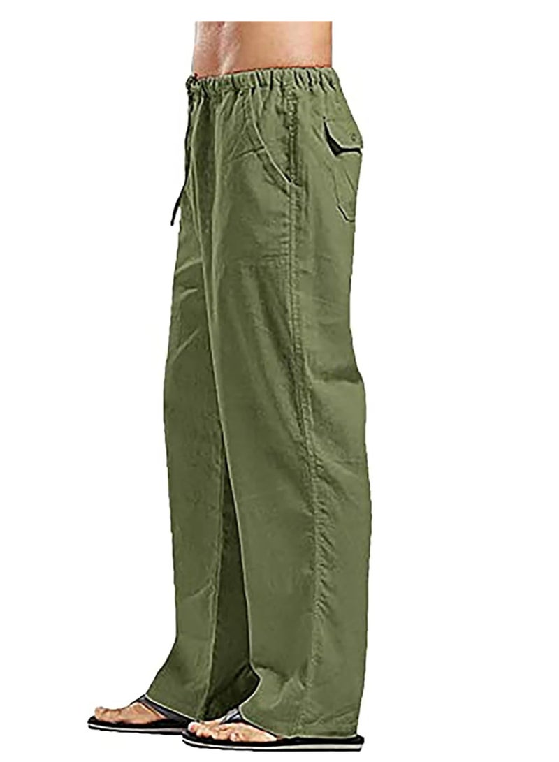 Men's Cotton Linen Pants Loose Fit Casual Yoga Pants Drawstring Elastic Waist Straight Legs Pants  - Image 1
